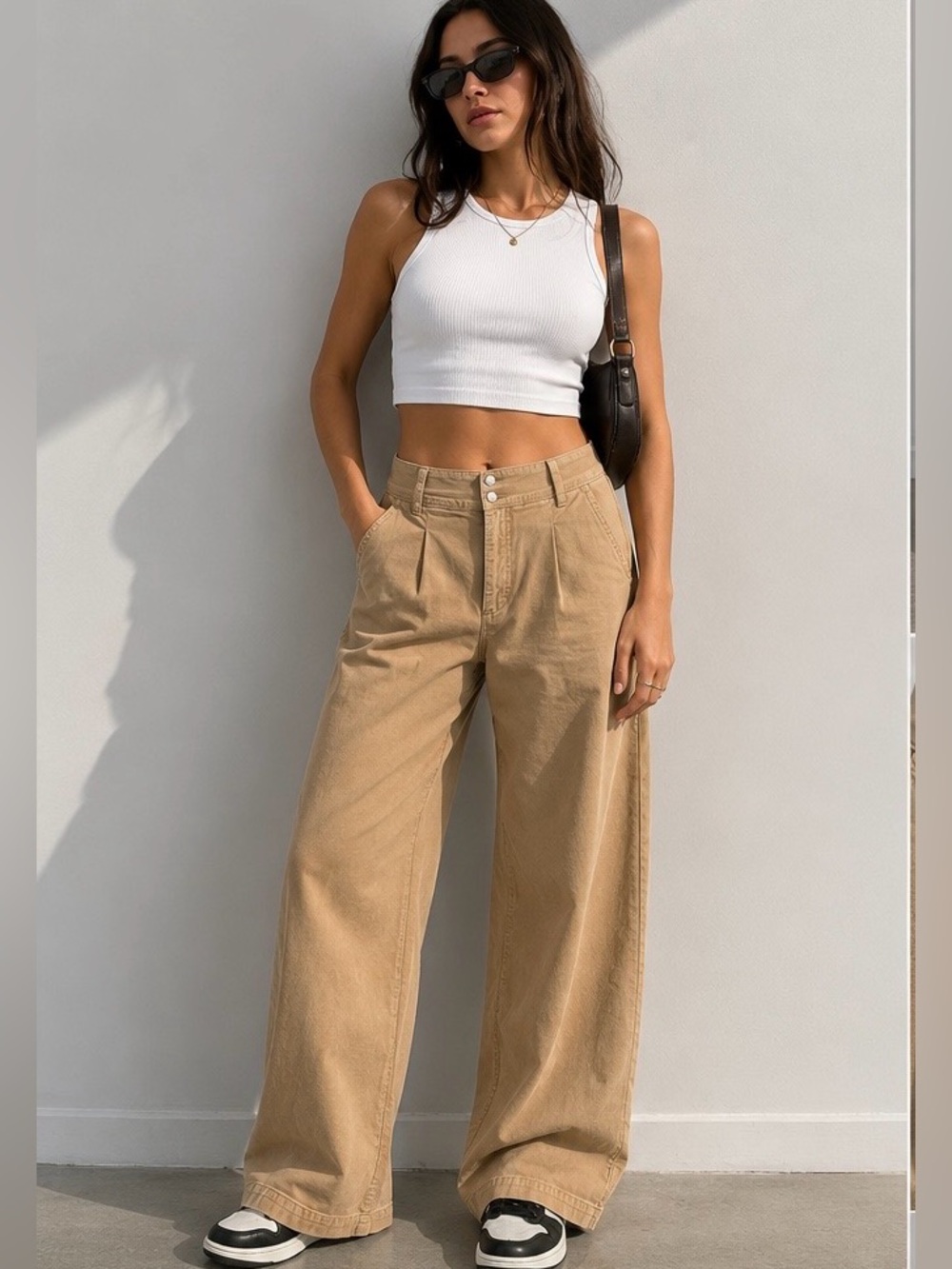 Urban Outfitters Tan High Waist High rise wide leg pants cotton neutral pants 4